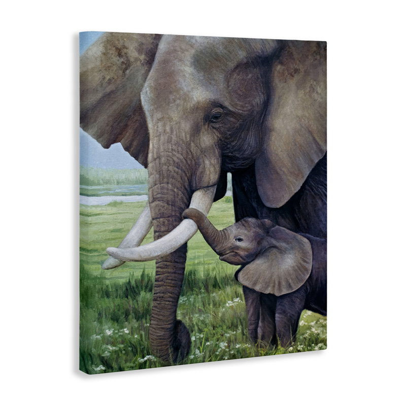 Bébé éléphant et mère, toile par James Corwin, H 20 po x l 16 po