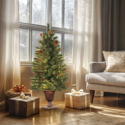 3.5' Pre-Lit Frosted Douglas Fir Christmas Tree With Pinecones, Red Berries, 50 Warm White Lights, Decorative Urn Base
