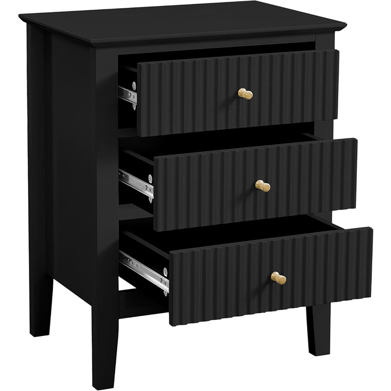  Table de chevet cannelée noire 19 po, table de chevet 3 tiroirs, table de bout de lit pour petit salon, armoire de rangement moderne pour chambre à coucher