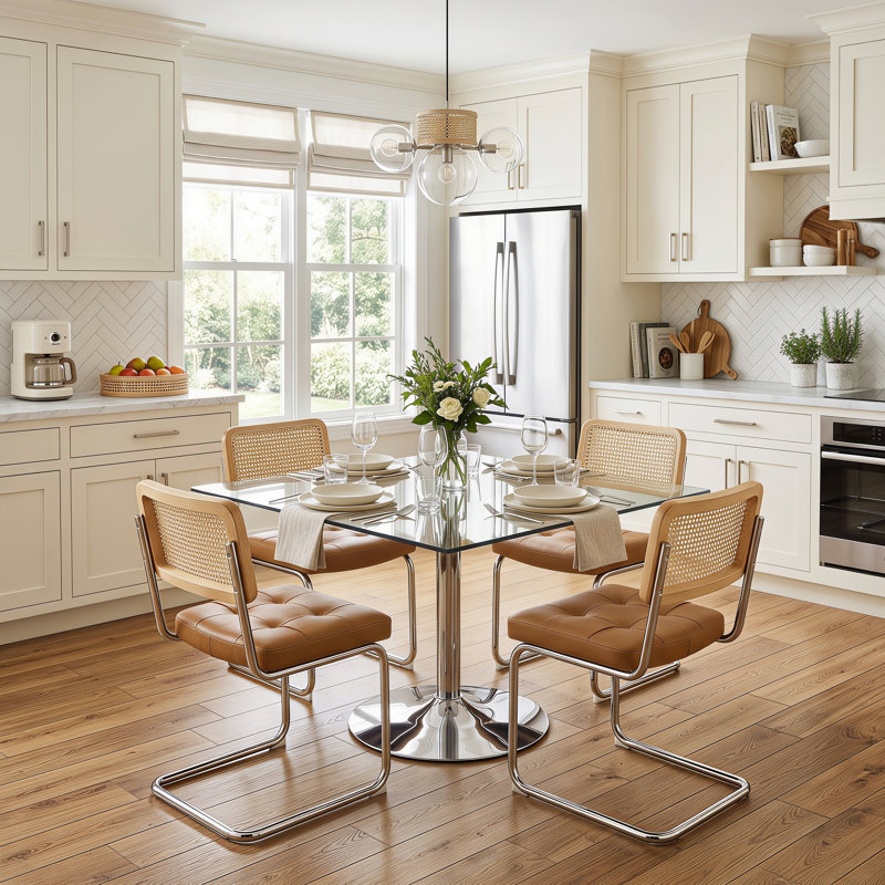 Ensemble de table de salle à manger 39 po en verre trempé pour 4 personnes avec chaises à dossier canne chromé, Brown