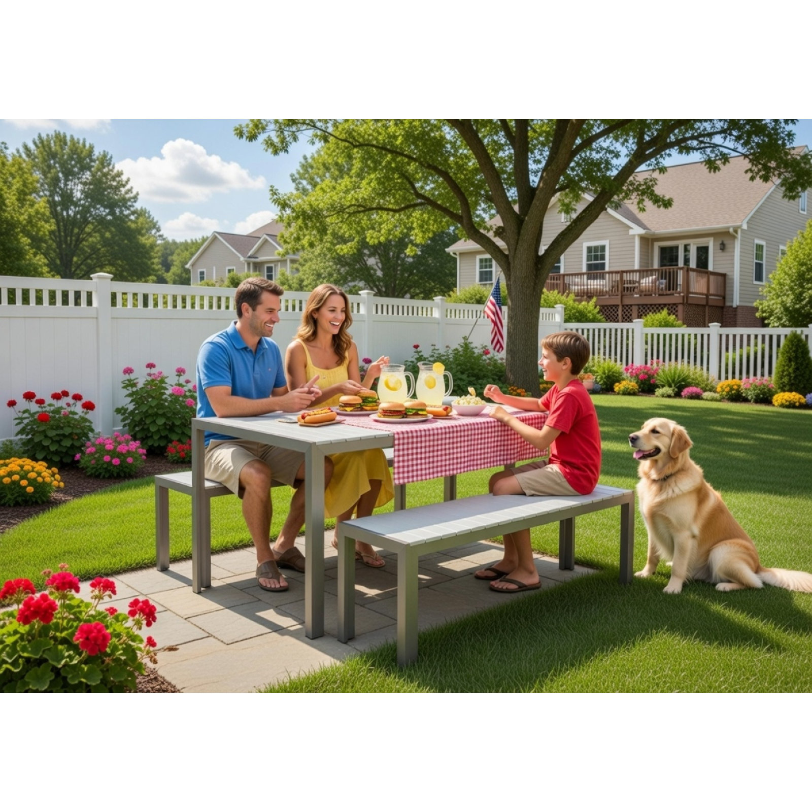 Joel Rectangular Aluminum Patio Dining Set with Polyresin Top , Gray