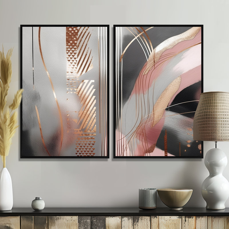 «Rose Rosegold Circle Complexity I», art mural moderne bleu, Noir, H 36 po x l 48 po, Impression encadrée flottante