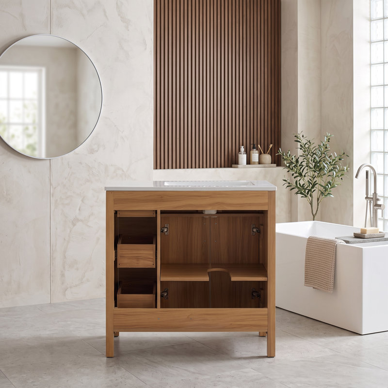 Meuble-lavabo autoportant en bois massif et en panneau de fibres à densité moyenne 36 po avec lavabo intégré en céramique, 2 portes à fermeture douce, 3 tiroirs à fermeture douce et tablette réglable