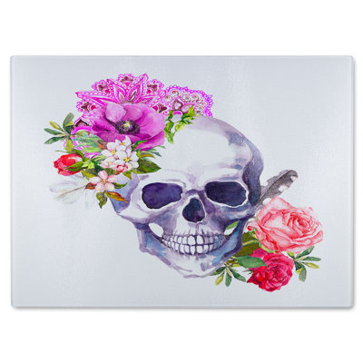 Human Skull With Flowers Glass Chopping Board