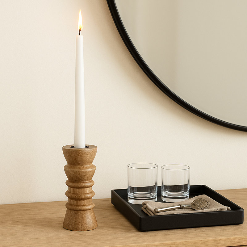Modern Decorative Wooden Taper Candle Holder for Home Decor - Stylish Candlestick Holder for Entryway or Living Room - Tan & Brown
