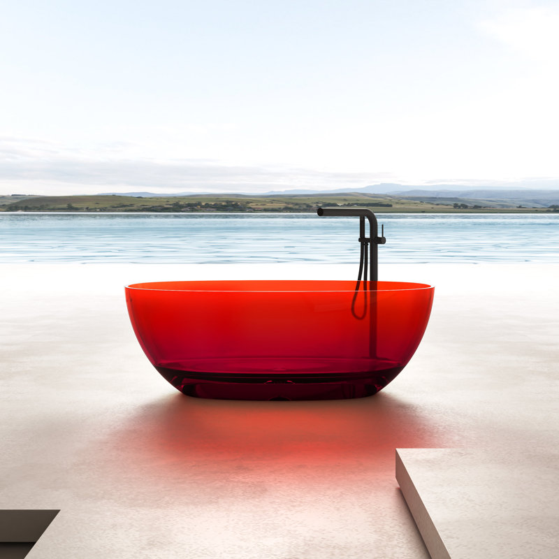 59" x 29.5" Freestanding Soaking Stone Resin Bathtub with Polished Chrome Pop Up Drain, Pure Resin Red