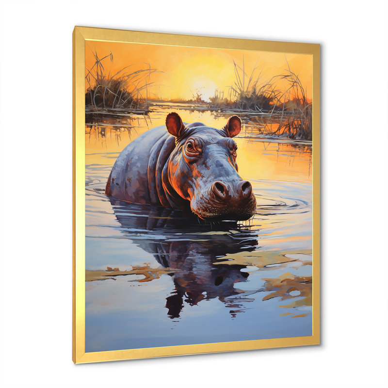 Hippopotame, roi de la savane 1 - Hippopotame, art mural, Cadre doré simple, H 32 po x l 16 po x P 1 po