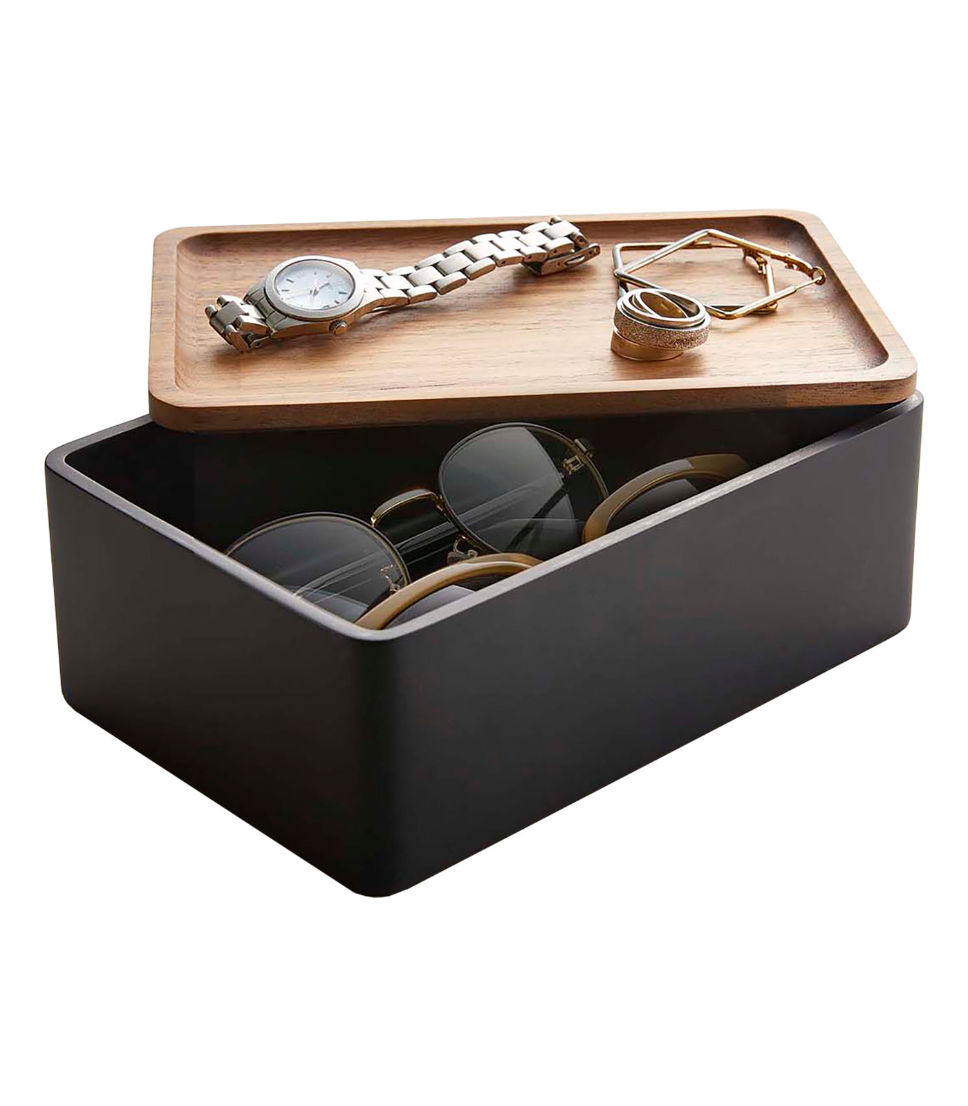 Yamazaki Home Accessory Box with Lid, Walnut