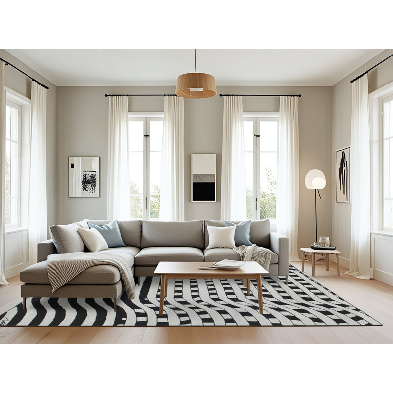 Tapis noir/blanc contemporain, Rectangle 8 pi x 10 pi