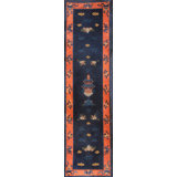 Antique Blue Early 20th Century Chinese Cranes Cloud Bands Temple Design Peking Hallway Runner Rug