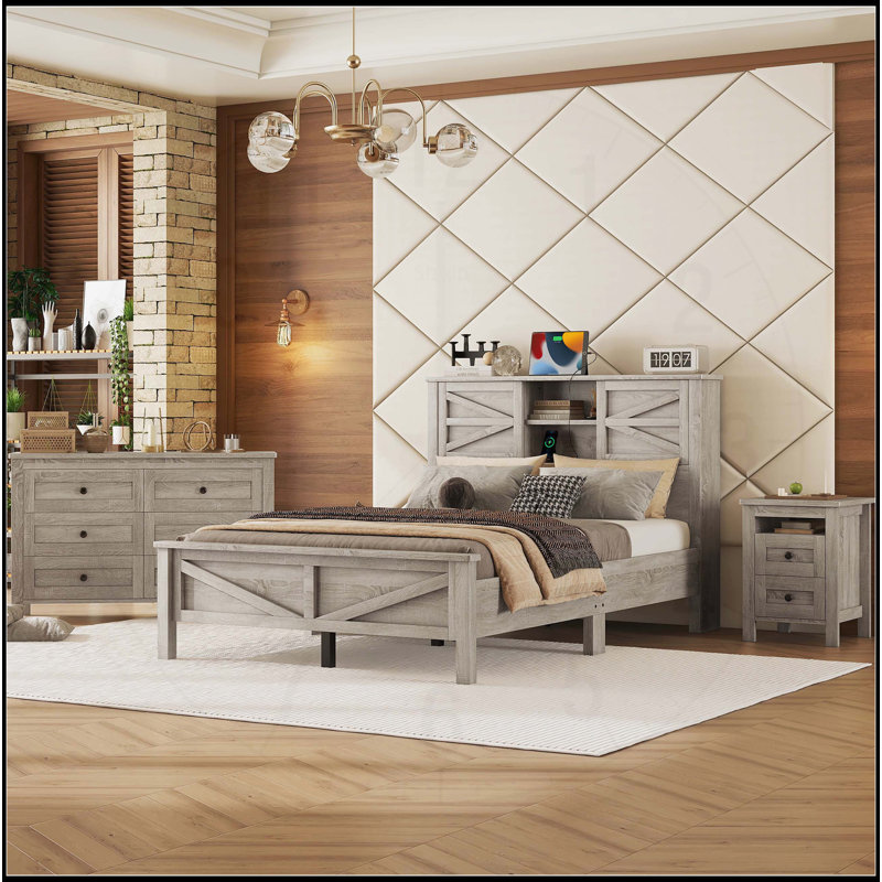 Ensemble de chambre à coucher 3 pièces avec tête de lit, table de chevet et commode , Gris antique, Double