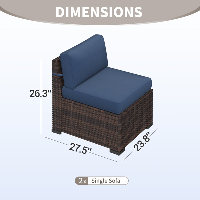 Yentin 24" Outdoor Wicker Patio Armless Modular Chair With Cushion  (Set of 2), Navy