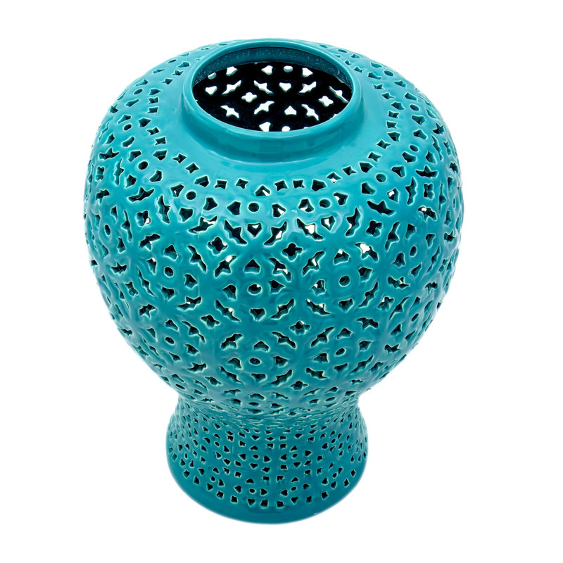 25" Carved Temple Jar - Celadon, Turquoise