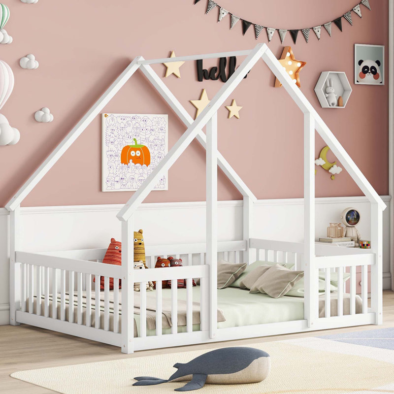 House-Shaped Floor Bed With Fence, Guardrails, Full/Double, White