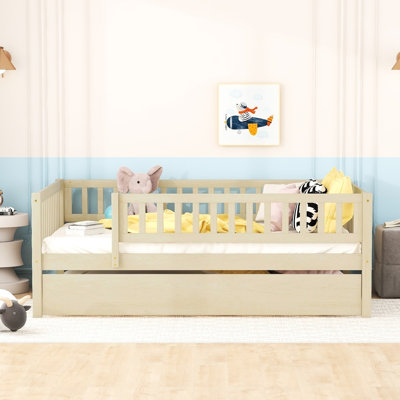 Full Size Wood Daybed With Trundle And Protective Fence Guardrails - Natural. Ensures A Comfortable Rest. Space. No Box Spring Natural Trustworthy Size. Offers Stable Sleeping Surface. Easy To Put