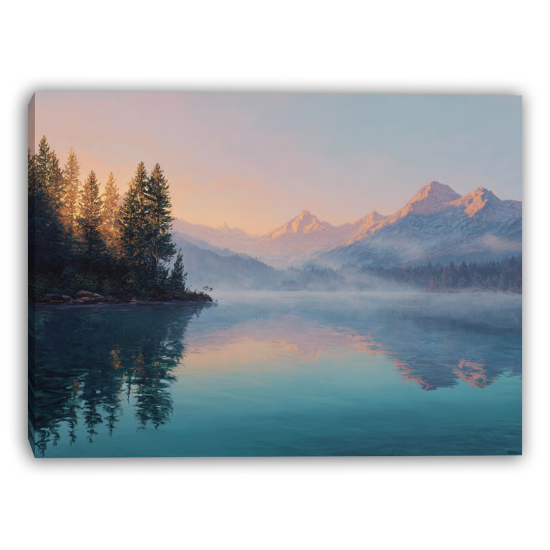 «Mountain Sunrise Over Misty Lake», art mural sur toile, H 30 po x l 40 po