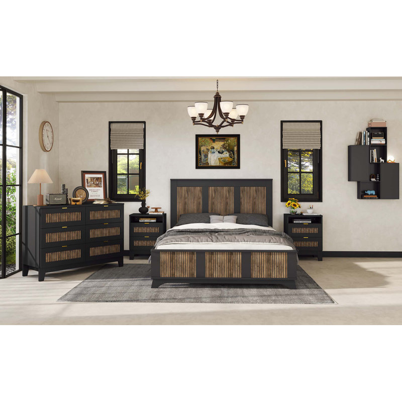 Farmhouse Wooden Platform Bed, Modern Platform Bed with Wooden Strip Decoration, Plywood Slats Support, Black, Queen