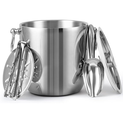 3L Double Wall Stainless Steel Ice Bucket with Tongs,Lid