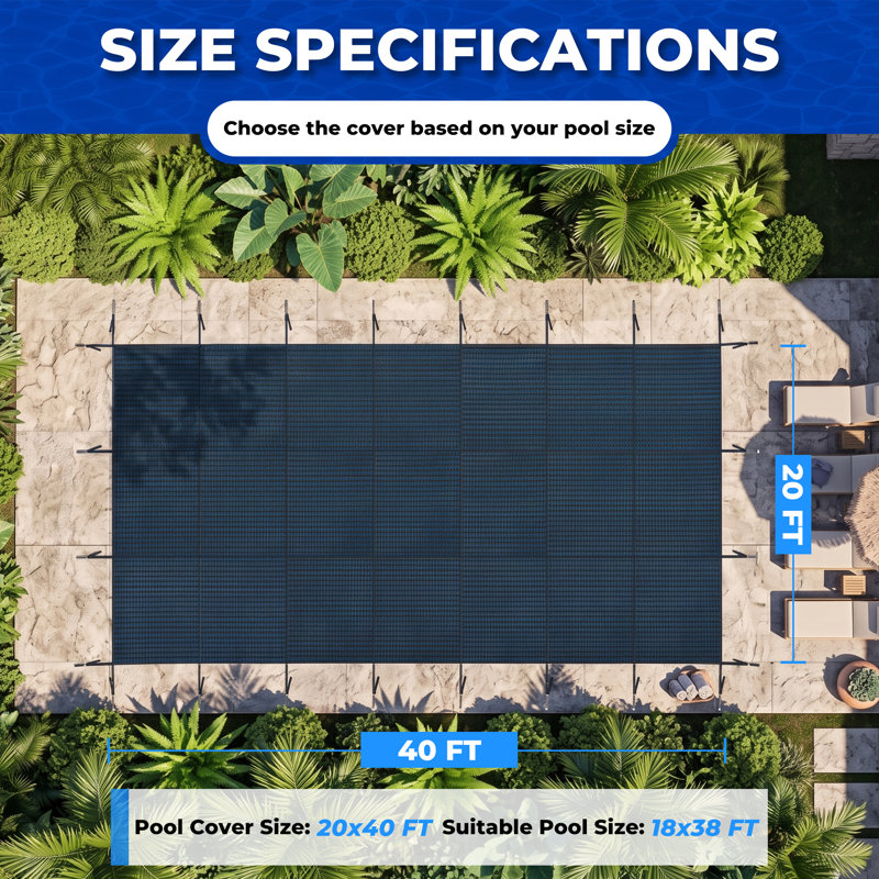 Housse de sécurité pour piscine creusée 18x38FT, filet haute résistance, protection hivernale, système d'ancrage sécurisé, bleu
