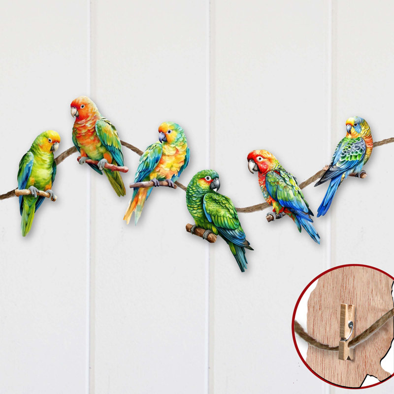 Colorful Parrots Wooden Clip-On Ornaments Set of 6