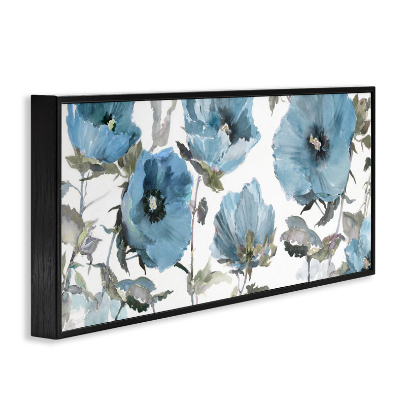 Coquelicots bleus sur estampe numérique blanche, design par Theresa Heidel, H 10 po x l 24 po, Giclée encadrée noir minuit