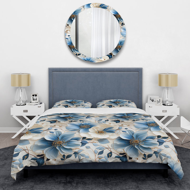 Ensemble de housse de couette à motif floral bleu rétro Romance, Housse de couette simple + 1 taie décorative stan