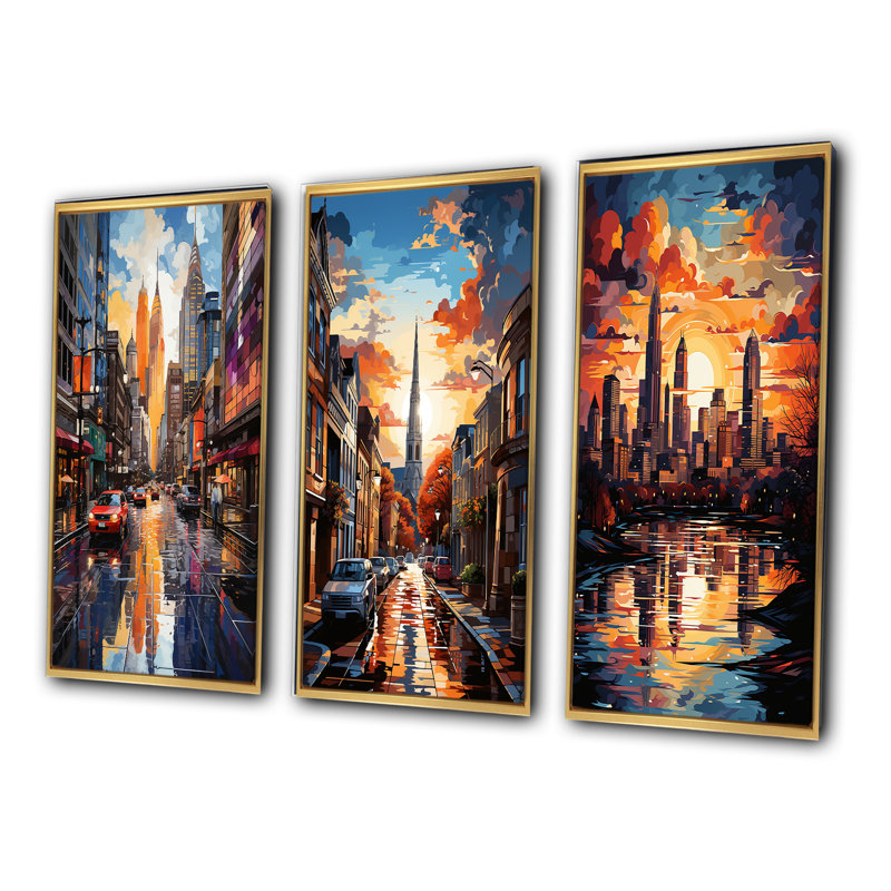City Charlotte Collage I - Ensemble de 3 pièces d'art urbain, Encadrement doré, H 40 po x l 60 po