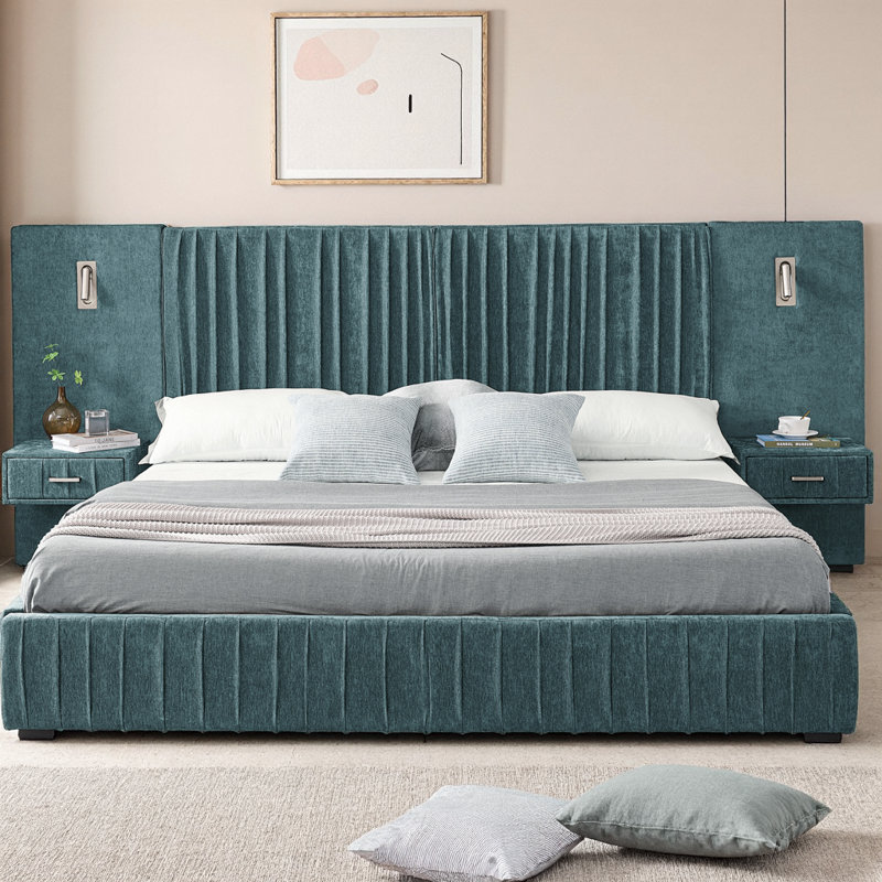 Queen Size Upholstered Platform Bed with Headboard & Built-in Nightstand, Chenille Fabric Bed Frame with Adjustable Bedside Lamps and Storage, No Box Spring Needed