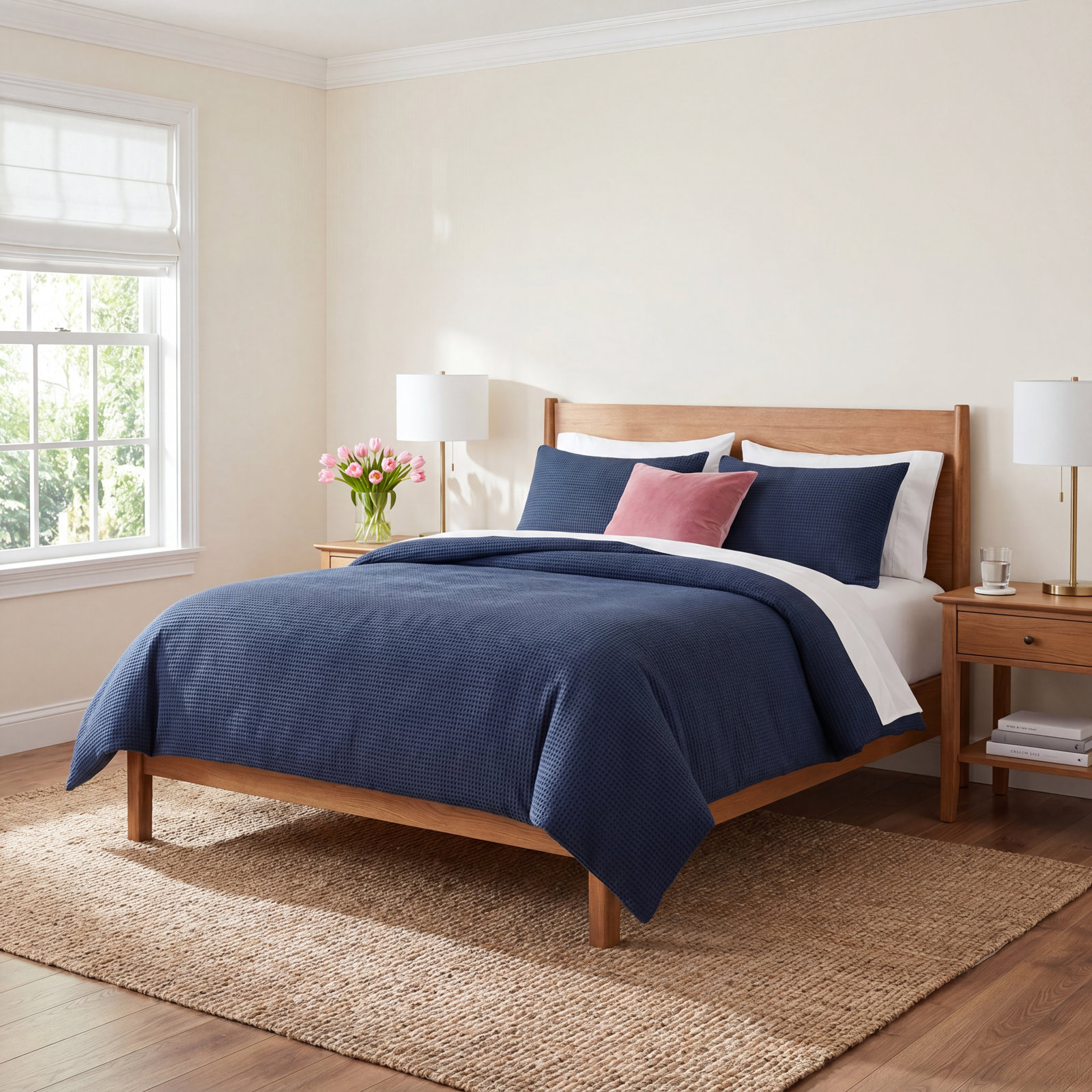 Cotton Waffle Duvet Cover Set, Queen Duvet Cover + 2 Queen Shams, Navy