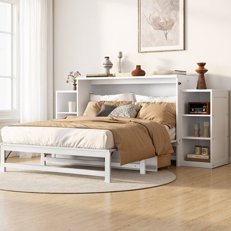 Lit escamotable double avec rangement spacieux, idéal pour les chambres compactes et les chambres d'amis, finition blanche