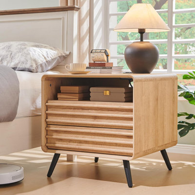 24" Mid Century Nightstand With 2 Drawers & Charging Station