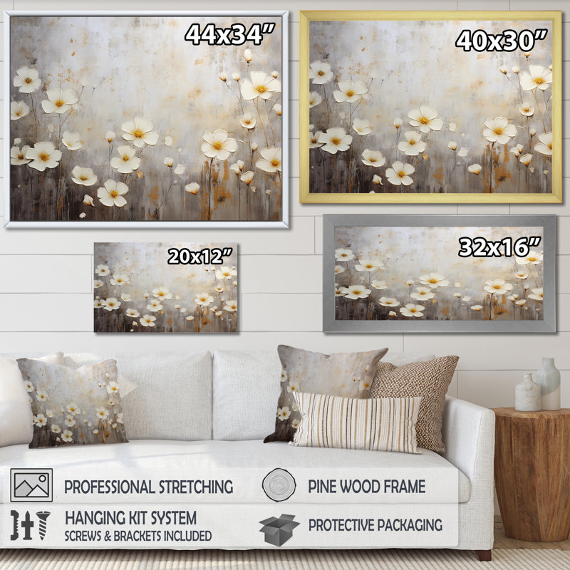 «Elegant Beige and Grey Buttercups Meadow I», reproduction sur toile, H 24 po x l 32 po x P 1 po, Cadre doré simple