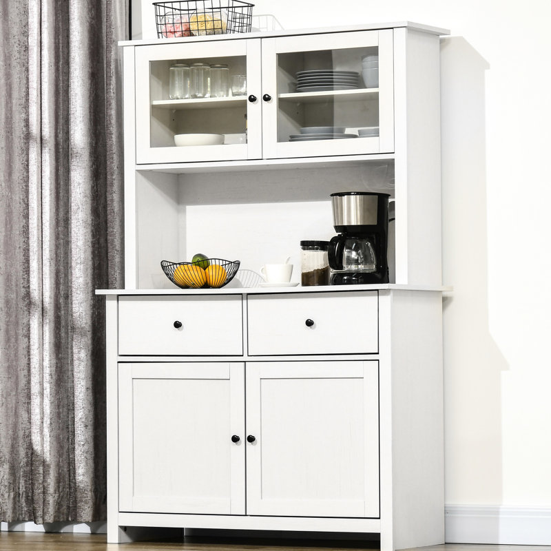Garde-manger de 63,5 po. Unité de rangement blanc antique. 4 tablettes, tiroirs, portes en verre. Garde les plats, les casseroles et les livres de cuisine. Ouvert au micro-ondes. Style rustique. Caractéristique. Assemblage requis par. Rangement. Encadr?