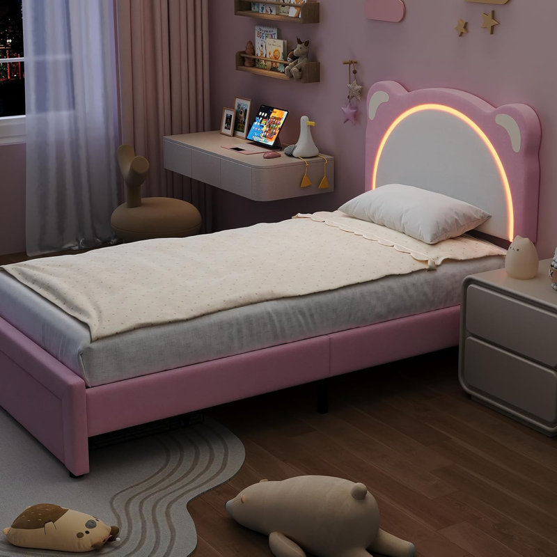 Upholstered Twin&Extra-long Twin Daybed Frame for KidsWith Led Lights & Storage Drawer, Twin Platform Bed with Carton Ears Shaped Headboard, Wood