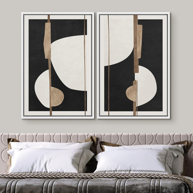 «Black & White Leaf Silhouette And Lines», 2 pièces sur toile, Cadre blanc, H 24 po x l 36 po