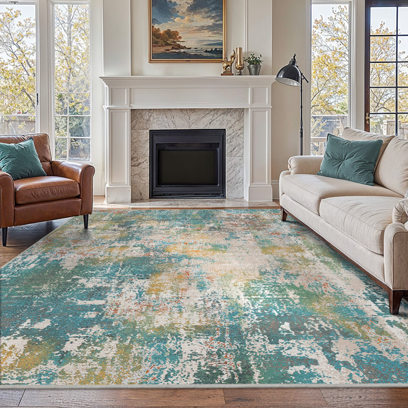 Pavelina Abstract Morden Machine Washable Non-Slip Teal / Beige Indoor Area Rug , Rectangle 8' x 10', Teal