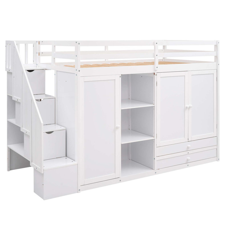 Lit de rangement avec 3 tablettes, 2 armoires et 2 tiroirs, Blanc