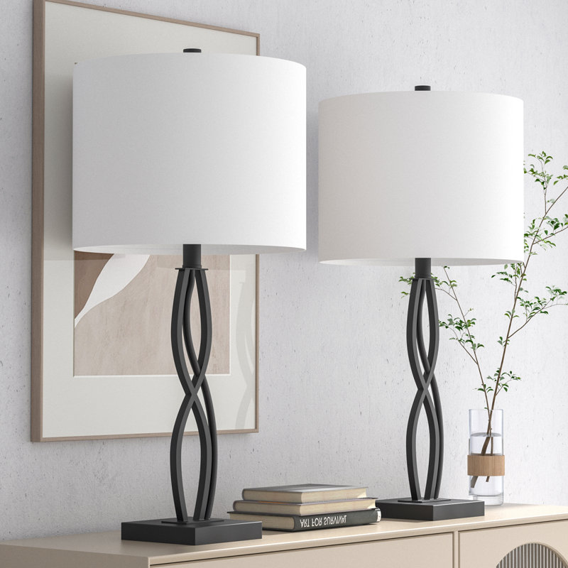 26" Black Metal Table Lamps with White Fabric Shades, Set of 2