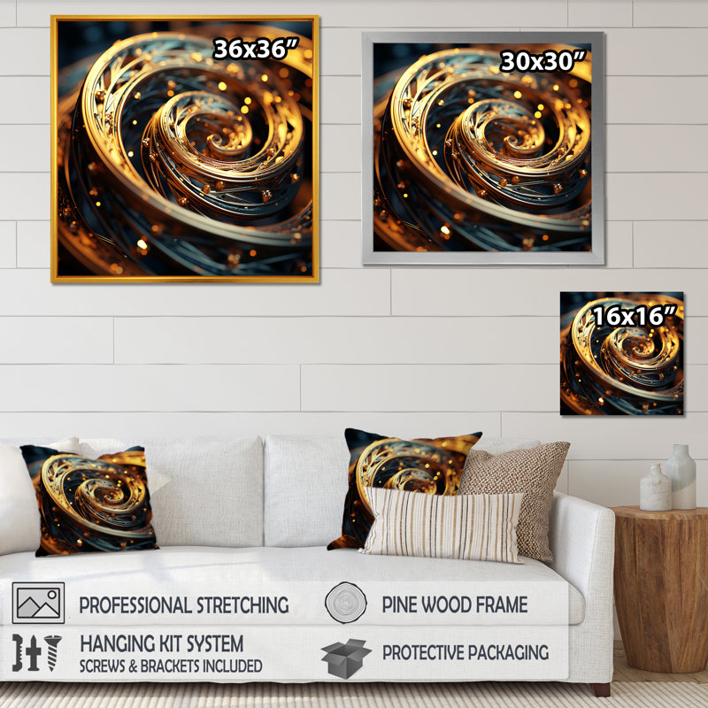 «Bright Gold Black Spiral II - Abstract Spirals», art mural, Toile tendue, H 36 po x l 36 po x P 1,5 po