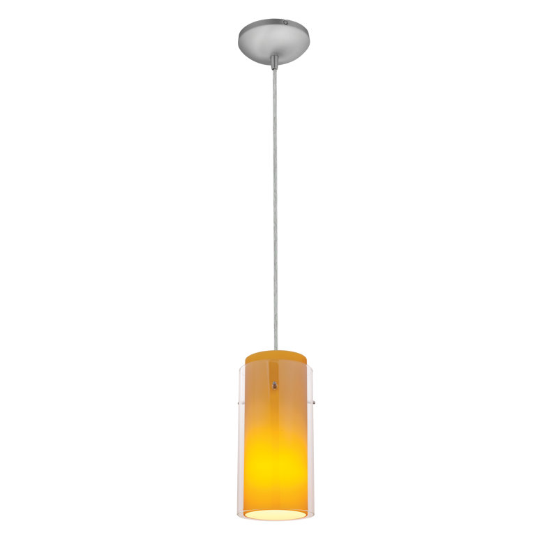 Luminaire suspendu cylindrique à 1 lumière Clarksburg, Acier brossé, Ambre transparent