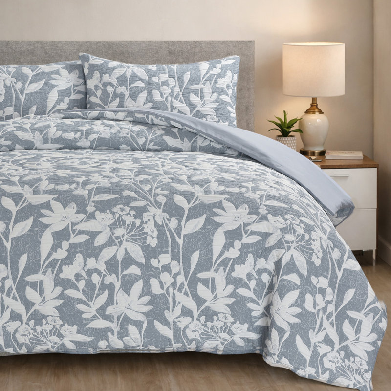 Luxury 3D Jacquard Stunning Leaf Pattern Duvet Set - Ashbury   , Blue Floral, Double Duvet Cover + 2 Pillowcases