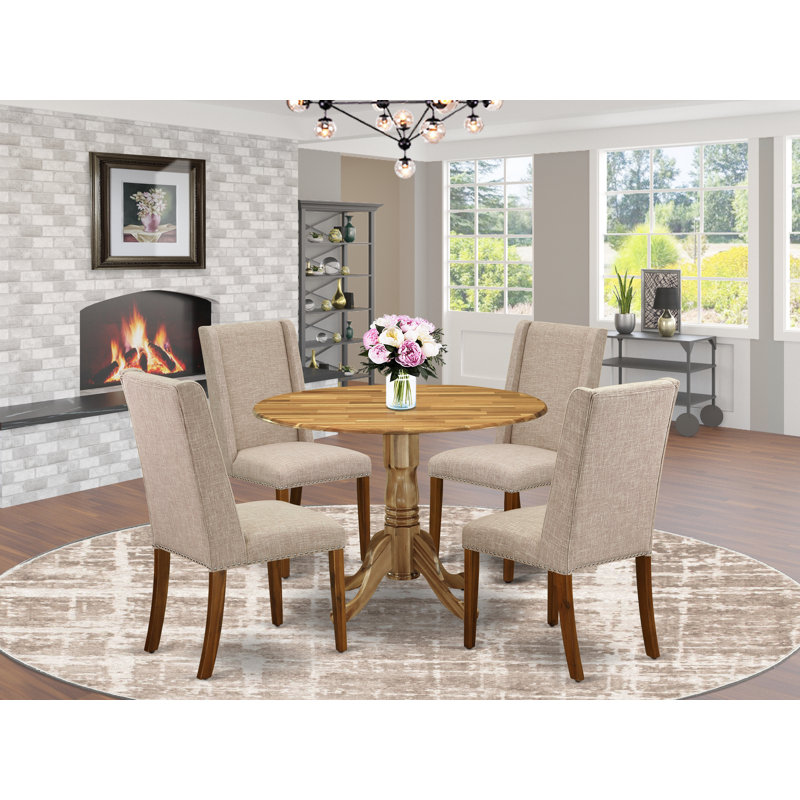 5 Piece Dining Room Set Includes a Round Dining Table with Dropleaf and 4 Light Tan Linen Fabric Parsons Chairs, Natural