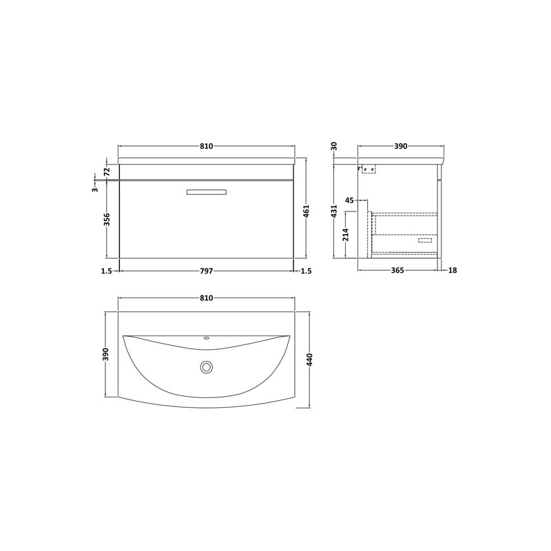 Athena 810mm Single Bathroom Vanity with Integrated Vitreous China Basin, Charcoal Black