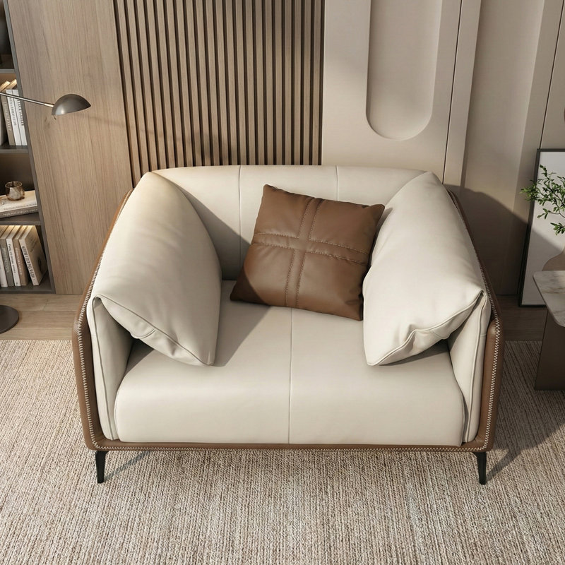 48" Modern Two-Tone Faux Leather Sofa Collection with Flared Arms and Toss Pillows, 1
