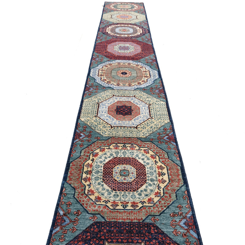 Hand Knotted Wool Area Rug in Navy, Runner 2'7" x 19'11"