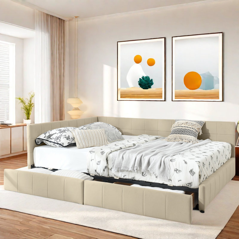 Bed With 2 Drawers, Beige