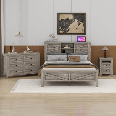  Granville 3-Pieces Bedroom Sets Farmhouse Platform Bed With Double Sliding Door Storage Headboard And Charging Station, Storage Nightstand And Dresser