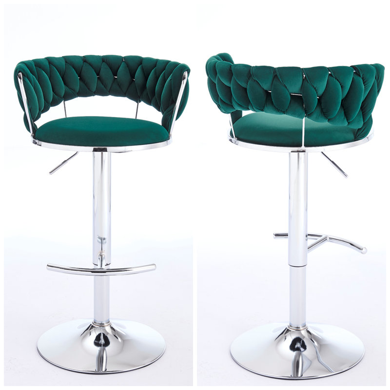 Set of 2 Velvet Upholstery Bar Stools – Swivel & Height Adjustable and Silver Legs for Kitchen or Bar, Green