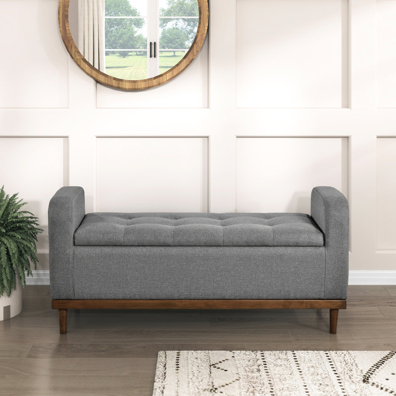 Banc de chambre à dessus relevable, revêtement Mid-Century moderne, tissu texturé gris, rangement en bois massif, Grey