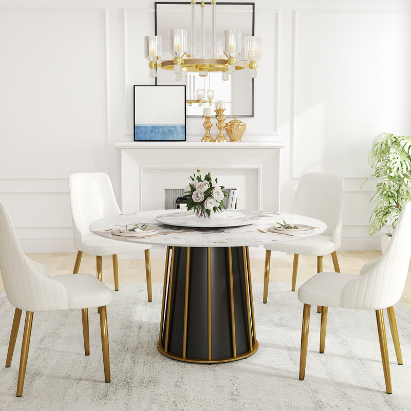 Round Sintered Stone Dining Table With Lazy Susan, Pandora, 29.53" H x 53.15" L x 53.15" W